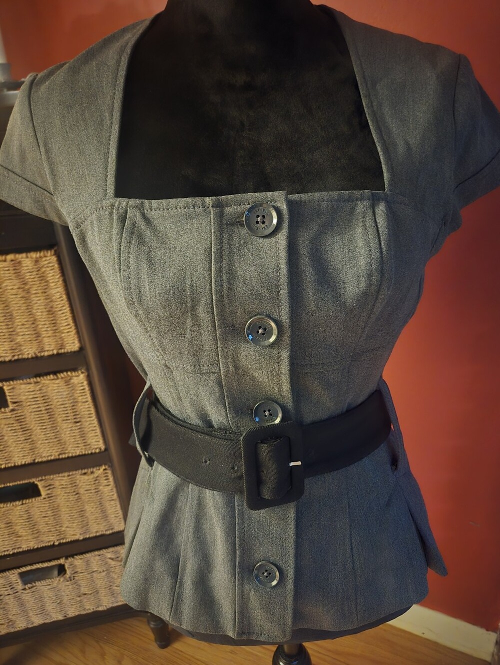 Express Vintage looking Women's Gray Button-Front Fit & Flare suit jacket.